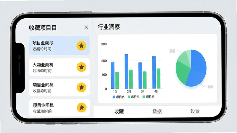 ���壺����ҵ�̻�APP���ղؼ������ݿ�����棬��Ļ�����ʾ�ղ���Ŀ�б����Ҳ���ʾ��״ͼ���ͼ���ݡ����֣��ֻ�����չʾ����Ļ�ڷ�Ϊ���������������Ϊ��Ŀ��Ƭ���Ҳ�Ϊͼ�����ײ��С��ղء������ݡ������á��������Ű棺��Ŀ��Ƭ����ʾ��Ŀ�������ղ�ʱ�䣬ͼ���·���ͼ��˵�������������磬����ǳ��ɫ��ͼ������ɫ����ɫ���֡�ϸ�ڣ��ղذ�ťΪ��ɫ�����ͼ�꣬���ݿ������Ϊ����ҵ���족�����ʣ�������Ⱦ���ɾ����޶���Ԫ�ء�