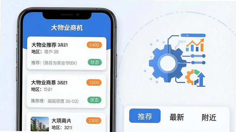 ���壺����ҵ�̻�APP�������Ƽ����棬��Ļ��չʾ���Ի��Ƽ�����ҵ��Ŀ�б������֣����Ϊ�ֻ���Ļ��д���Ҳ��г���������ͼ���ʾ�����㷨���ײ��С��Ƽ��������¡���������������ǩ�����Ű棺�ֻ���Ļ����Ŀ��Ƭ�������У�ÿ�ſ�Ƭ������Ŀ���ơ���������״̬��ǩ�������С�����ҵ�̻���Ʒ������������ִ���ƽ����ƣ���ɫ����ɫ�ͳ�ɫΪ����ͻ���Ƽ������ܸС�ϸ�ڣ���Ƭ��Ե����΢��Ӱ���Ƽ�������ǳ��ɫС����ʾ�����ʣ������ɾ����޶���Ԫ�ء�