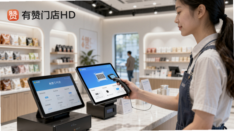 生成一张有赞门店HD使用场景图,店员手持平板进行扫码收银,顾客在旁等待,背景为现代门店,画面清晰,细节丰富,画质干净,无多余元素,包含“有赞门店HD”文字。