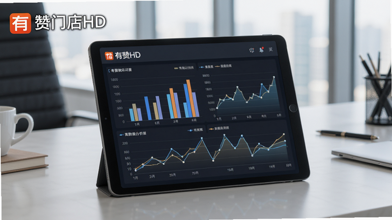生成一张有赞门店HD数据分析报表的预览图,平板电脑上显示柱状图和折线图,背景为办公室桌面,风格专业,色调简洁,画质高清,无多余元素,图片中标注“有赞门店HD”字样。