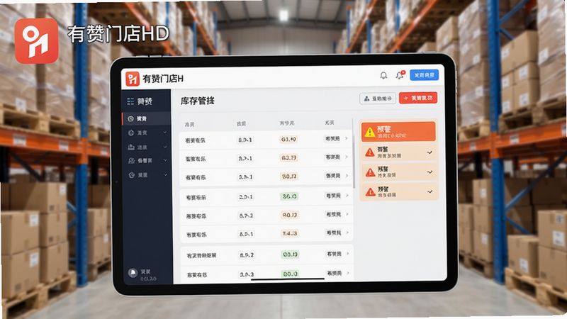 生成一张有赞门店HD库存管理界面的图片,平板显示库存列表和预警标识,背景为仓库货架,风格简约商务,色彩明亮,细节真实,画质干净,无多余元素,左上角有“有赞门店HD”图标。
