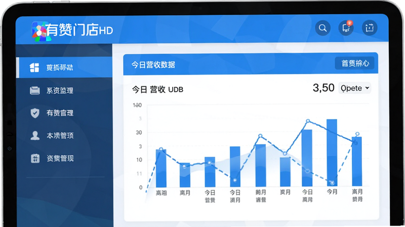 图片展示有赞门店HD软件在平板设备上的主界面,界面布局清晰,左侧为功能导航栏,右侧显示今日营收数据图表,整体风格简洁商务,色彩以蓝白为主,画质清晰,干净无多余元素,突出软件名称“有赞门店HD”的logo在左上角。
