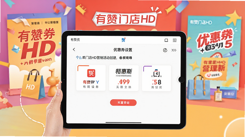 生成一张有赞门店HD营销活动创建的界面图,画面中平板显示优惠券设置页面,背景有促销海报元素,风格活泼,色彩鲜艳,画质干净,无多余元素,包含“有赞门店HD”品牌名。