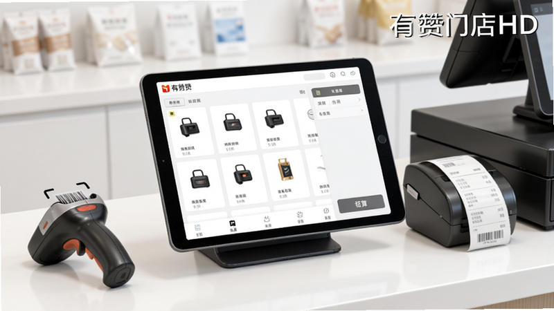 生成一张有赞门店HD收银界面的预览图,画面中平板电脑显示商品列表和结算按钮,旁边有扫码枪和小票打印机,背景为明亮整洁的收银台,风格写实,细节丰富,画质干净,无多余元素,图片中标注“有赞门店HD”文字标识。