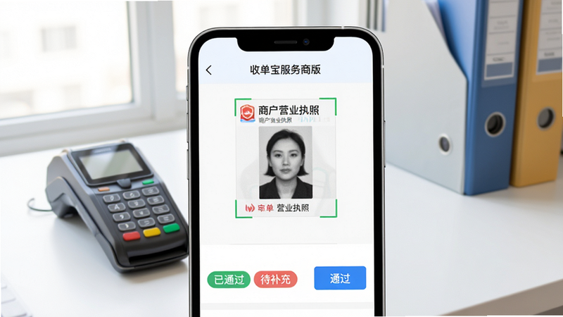 手机界面展示“收单宝服务商版”商户审核页面,上方为商户营业执照拍照识别区域,下方为审核状态标签(已通过、待补充),页面右侧有蓝色“通过”按钮,背景为简洁的办公桌面,摆放着POS机终端和文件夹,明亮自然光,界面UI扁平化设计,画面干净,无多余元素