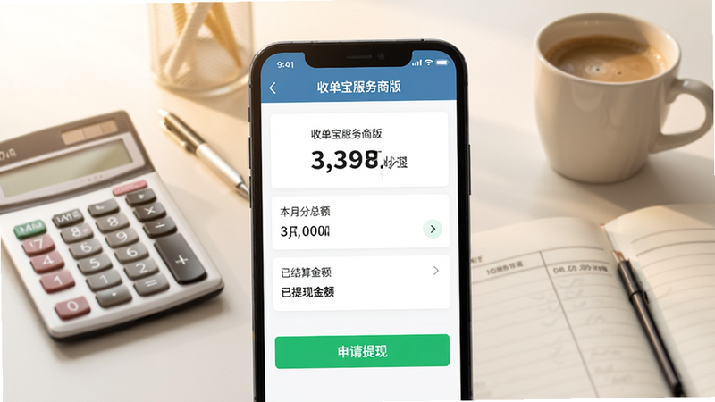 手机展示“收单宝服务商版”分润结算页面,显示本月分润总额、待结算金额、已提现金额,底部有“申请提现”绿色按钮,背景为简约办公桌,放有计算器、账本和咖啡杯,色调温暖明亮,界面数字清晰,画质干净,无多余元素