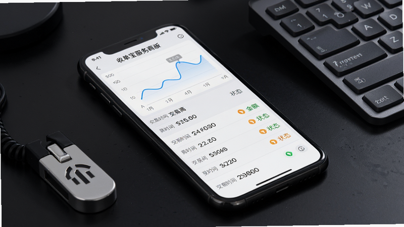 手机屏幕显示“收单宝服务商版”交易流水列表,每行展示交易时间、金额、状态图标,顶部为折线统计图,蓝色数据线清晰可见,背景为深色桌面,手机旁边放有银行U盾和键盘,商业科技感风格,界面布局清晰,画质细腻,无多余元素