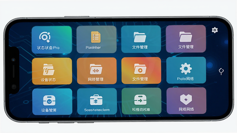 创客管家Pro应用主界面预览图,展示手机屏幕中软件的功能模块网格布局,包含设备状态卡片、文件管理、网络工具等图标,背景为深蓝色科技感渐变,界面设计简洁现代,图标色彩鲜明,排版整齐,画质干净,无多余元素