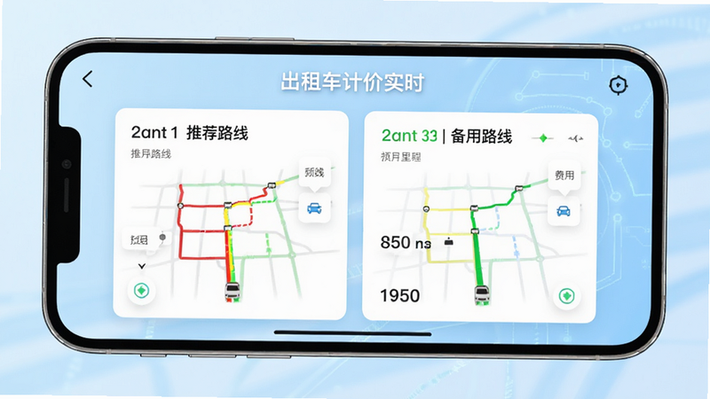 主体为手机横屏显示“出租车计价实时”路线对比界面,左侧为推荐路线,右侧为备选路线,各自标注里程与费用。布局采用上下双卡片对比,背景为淡蓝色科技感渐变。风格简洁现代,细节包括红黄绿路况线条,画质高清,无多余元素。