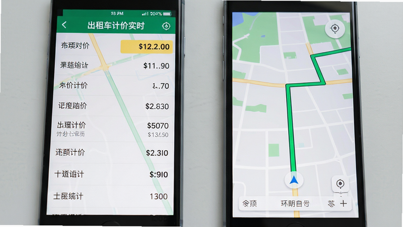 主体为两部手机并排摆放,左侧手机显示“出租车计价实时”费用明细列表,右侧手机显示地图导航路线。布局左右对称,背景为浅灰色桌面,排版整洁。风格扁平化,细节包括费用数字高亮、地图绿色路线,画质干净清晰,无多余元素。