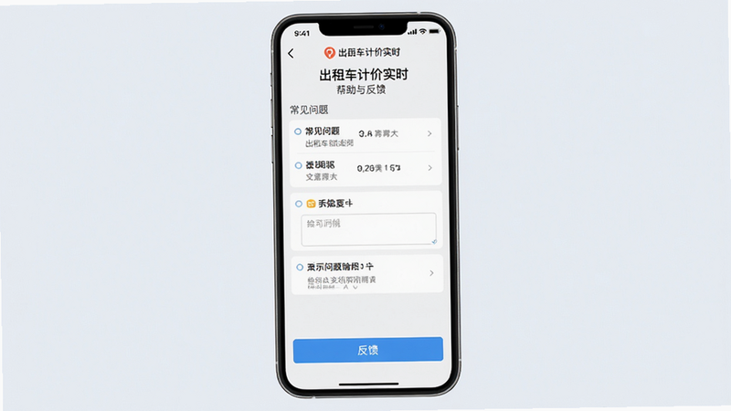 主体为手机屏幕显示“出租车计价实时”帮助与反馈页面,页面中有常见问题列表和反馈按钮。布局居中,背景为浅色纯色。风格简洁清晰,细节包括问题分类、输入框,画质干净,无多余元素。