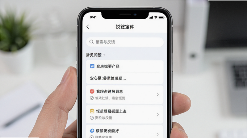 悦签宝软件在手机上展示“帮助与反馈”页面,页面顶部有搜索栏,下方列出常见问题列表,背景为浅白色,整体界面简洁清晰,画质高清,无多余元素