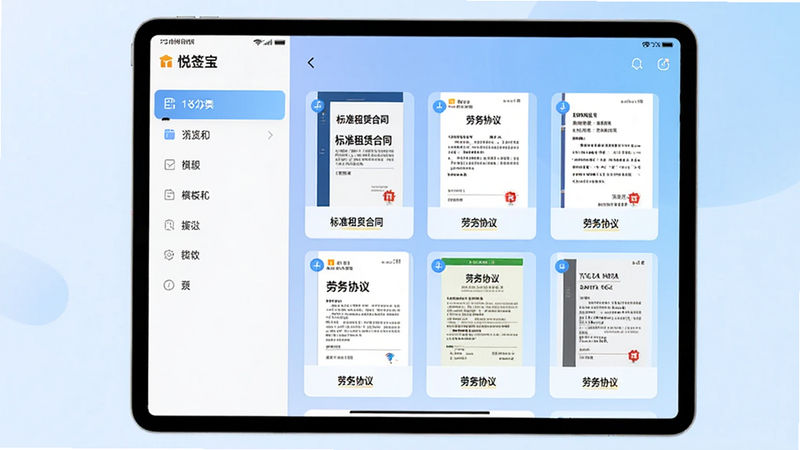 悦签宝软件在平板电脑上展示合同模板选择页面,左侧为分类列表,右侧展示多款模板缩略图,每款模板上标注“标准租赁合同”、“劳务协议”等字样,界面采用卡片式布局,背景为柔和蓝色渐变,整体明亮清晰,画质细腻,无多余元素