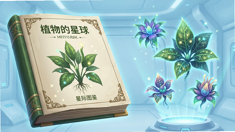 主体:一本翻开的巨大植物图鉴,旁边漂浮着几种发光的奇特植物。布局:图鉴位于画面左侧,右侧是悬浮的植物全息投影,背景为淡蓝色的科技感空间。排版:图鉴上方有“植物的星球”字样,下方有“星际图鉴”小字。风格:明亮清晰的数字绘画风格,带有微光效果。细节:植物投影上有清晰的叶片纹理和光点,页面边缘有装饰性花纹。画质:高清,干净,无多余元素。