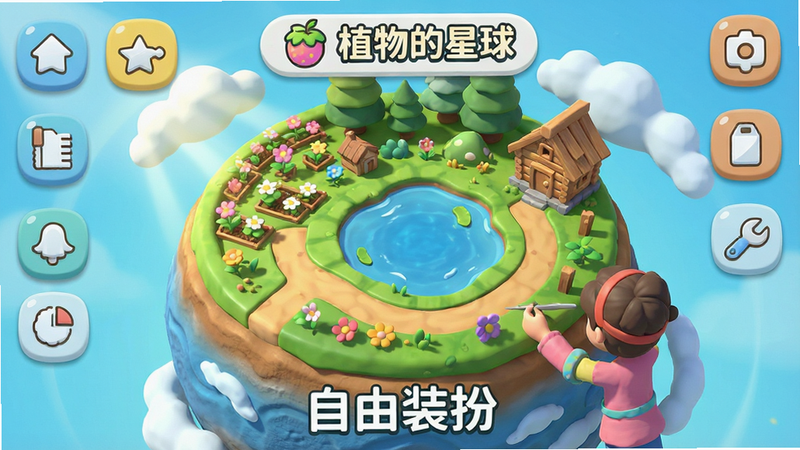 主体:一个正在被玩家装扮的星球,星球表面划分出不同区域,有花园、湖泊和木质小屋。布局:星球占据画面主体,周围是编辑工具栏图标,整体呈斜45度视角。排版:画面顶部中央有“植物的星球”图标,底部有“自由装扮”字样。风格:清新可爱的3D卡通渲染风格,色彩明快。细节:星球表面有细致的纹理和动态的光影,工具图标带有圆角设计。画质:高清,干净,无多余元素。