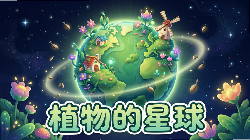 主体:一个充满生机的绿色星球,星球表面覆盖着各种奇特的植物和花朵,背景是深邃的星空。布局:星球位于画面中央,周围环绕着淡淡的光晕和飘浮的种子,构图饱满。排版:画面下方有“植物的星球”艺术字标题,采用圆润的卡通字体。风格:清新治愈的卡通插画风格,色彩明亮柔和。细节:星球上有小房子、风车和发光的植物,光线柔和,层次丰富。画质:高清,干净,无多余元素。
