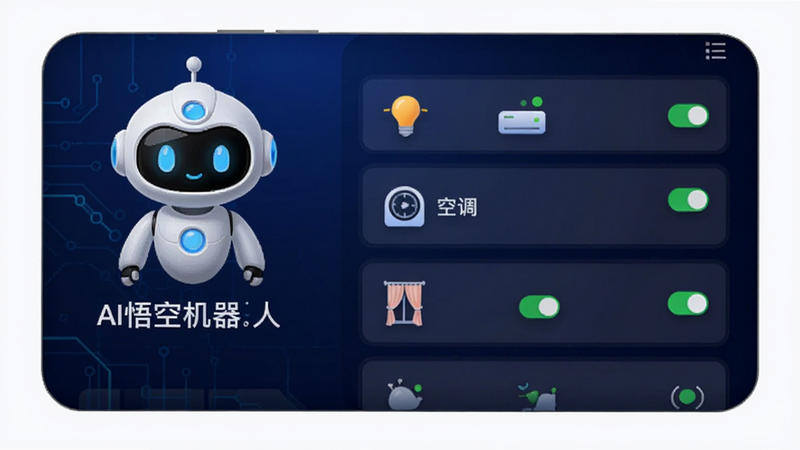 ��������Ϊ��AI��ջ����ˡ�App���豸����ҳ�棬��ɫ���������������Ͻǣ��Ҳ�Ϊ���ܼҾ��豸�б��������ơ��յ���������ͼ�꣬����Ϊ����ɫ�Ƽ��н��䣬����Ϊ��Ƭʽ�б������Ϊ�ִ����UI��ϸ�ڰ����豸����״ָ̬ʾ�ƣ����ʸ���ɾ����޶���Ԫ��