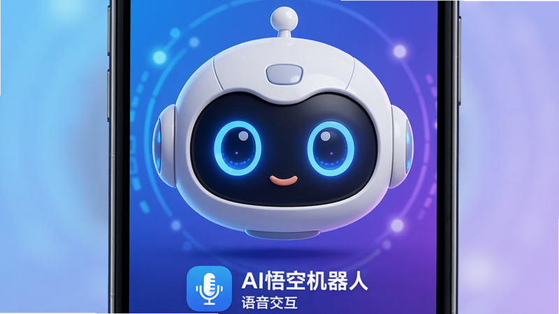 ��������Ϊ��AI��ջ����ˡ�App����������һ��Բ��ɰ��İ�ɫ������ͷ����������ɫ������۾���΢Ц���飬�������ֻ���Ļ���룬����Ϊ��Լ�Ľ�������ɫ�Ƽ��й�Ч����Ļ�·��С�AI��ջ����ˡ����ֱ�ʶ�͡�����������ͼ�꣬���岼�ָɾ���ͻ���Ƽ����׺��������Ϊ3D��Ⱦ��ͨ���ϸ�ھ��£����ʸ��壬�޶���Ԫ��