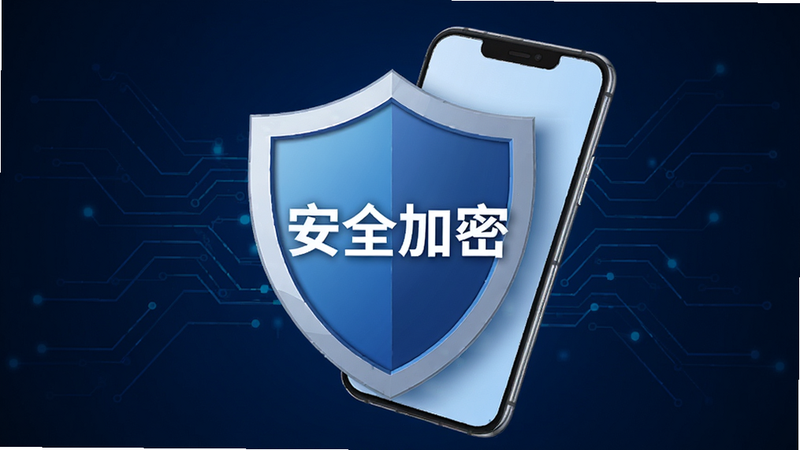 画面主体为盾牌图标与手机重叠,盾牌上写有“安全加密”字样,背景为深蓝色科技感线条,布局居中,采用3D渲染风格,光影效果明显,画质清晰,干净无多余元素