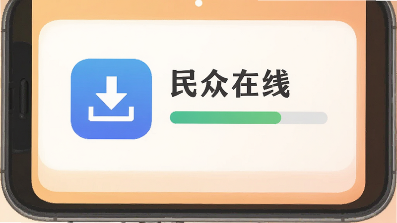 画面主体为手机下载安装“民众在线”的步骤图,包含下载图标和进度条,背景为浅橙色渐变,布局简洁,采用扁平化风格,画质干净,无多余元素