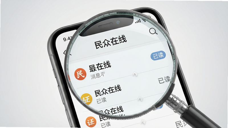 画面主体为放大镜聚焦手机屏幕上的“民众在线”消息列表,显示“已读”标识,背景为浅灰色渐变,布局简洁,采用写实风格,细节丰富,画质高清,干净无多余元素