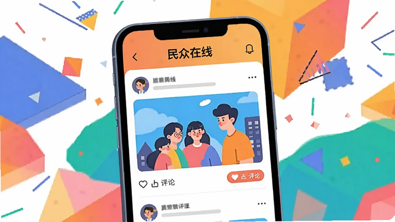 画面主体为手机界面展示“民众在线”动态广场,包含用户发布的图片和点赞评论按钮,背景为多彩的几何图形装饰,布局错落有致,采用插画风格,色彩鲜艳,画质细腻,干净无多余元素