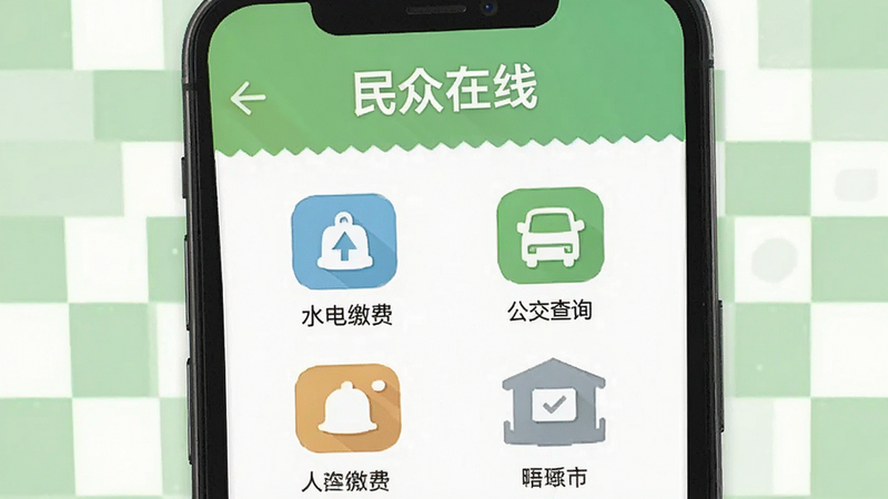 画面主体为手机屏幕展示“民众在线”生活服务页面,包含水电缴费、公交查询等图标,背景为浅绿色与白色相间,布局整齐,采用扁平化设计,细节丰富,画质干净,无多余元素