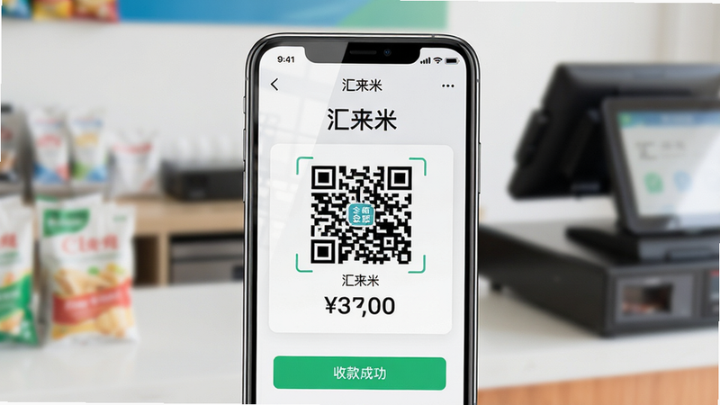 主体:一部智能手机屏幕上显示“汇来米”收款界面,背景为模糊的实体店铺收银台。布局:手机居中,界面清晰显示收款二维码和金额,周围留白。排版:简洁现代,突出APP名称“汇来米”。风格:写实摄影风格,明亮通透。细节:手机屏幕反光自然,界面图标精致,有“收款成功”提示。画质:4K高清,干净无多余元素。