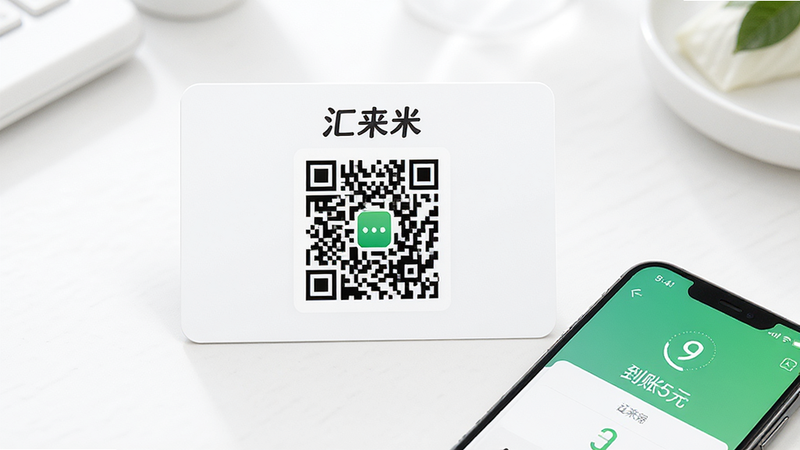 主体:一张“汇来米”收款码卡片,旁边放着一部手机显示到账信息。布局:卡片居中,手机在右下角。排版:卡片上的二维码和“汇来米”字样清晰。风格:产品宣传图风格,简洁明亮。细节:二维码细节丰富,手机屏幕显示“到账5元”。画质:高清,干净无多余元素。