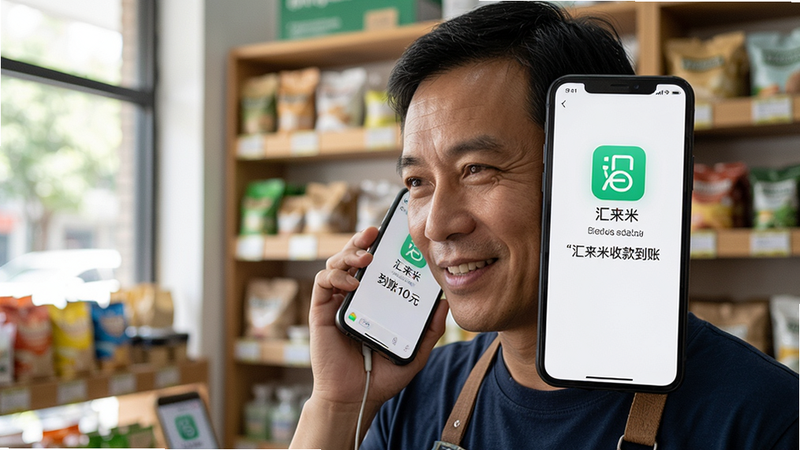 主体:一位店主正在店内听手机语音播报“汇来米收款到账”。布局:手机靠近店主耳边,背景为货架和商品。排版:突出手机屏幕上的“汇来米”图标和到账金额。风格:纪实摄影风格,自然光线。细节:店主表情满意,手机显示“到账10元”。画质:高清,干净无多余元素。
