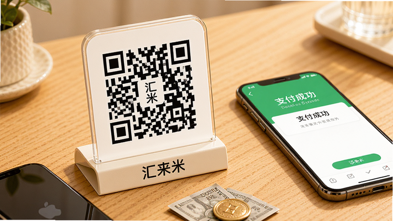 主体:一张木质桌面上摆放着“汇来米”聚合收款二维码立牌,旁边有手机和零钱。布局:二维码立牌居中偏左,手机在右侧展示支付成功页面。排版:桌面整洁,二维码图案清晰。风格:商业摄影风格,暖色调。细节:二维码细节清晰,立牌上印有“汇来米”字样,手机界面显示“支付成功”。画质:高清,干净无多余元素。