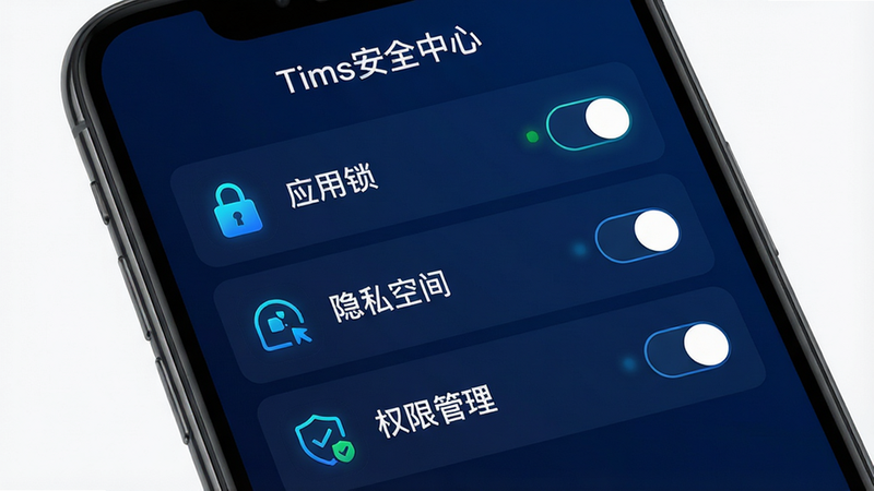 主体:Tims软件安全中心界面,手机屏幕显示隐私保护功能列表;布局:列表式布局,每项功能有图标和开关按钮;排版:从上到下依次为“应用锁”、“隐私空间”、“权限管理”,背景为深蓝色;风格:科技感强,图标线条流畅;细节:每个功能右侧有状态指示,顶部有“Tims安全中心”字样;画质:高清,干净,无多余元素