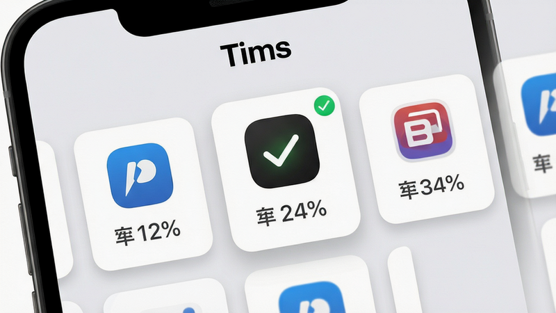 主体:Tims软件运行界面,手机屏幕显示任务管理面板,多个应用卡片并列;布局:左右滑动式卡片设计,中间卡片高亮,背景为浅灰色;排版:卡片上显示应用图标和内存占用百分比,顶部有“Tims”标志;风格:清爽简洁,卡片圆角,阴影自然;细节:高亮卡片带有绿色对勾标记,界面无多余元素;画质:高清,干净,无多余元素