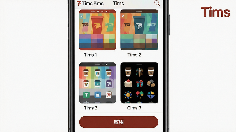 主体:Tims软件主题设置界面,手机屏幕显示多种配色方案和图标风格;布局:网格形式展示主题预览图,底部有“应用”按钮;排版:预览图整齐排列,每张图下方有主题名称;风格:色彩鲜艳,扁平化设计,背景为白色;细节:右上角有“Tims”水印,界面文字清晰;画质:高清,干净,无多余元素