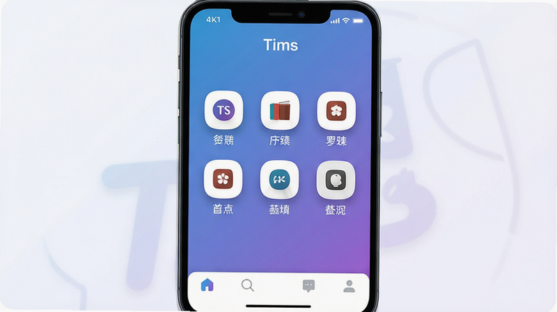 主体:Tims软件主界面展示,手机屏幕内显示简洁的功能图标布局,背景为渐变的蓝紫色调;布局:居中构图,界面元素整齐排列,图标圆润,底部有导航栏;排版:图标两行三列,间距均匀,每个图标下方有中文名称标注;风格:现代扁平化设计,带轻微阴影,整体明亮干净;细节:屏幕顶部显示“Tims”字样,界面无多余文字,状态栏清晰;画质:4K高清,干净,无多余元素