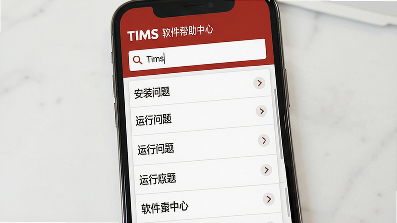 主体:Tims软件帮助中心界面,手机屏幕显示常见问题列表和搜索框;布局:顶部搜索框,下方为问题列表;排版:列表项带有箭头图标,背景为白色;风格:简洁明了,字体清晰;细节:搜索框内有“Tims”字样,问题列表包含“安装问题”、“运行问题”等分类;画质:高清,干净,无多余元素
