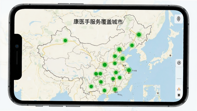 康医手App的城市选择界面,地图上标记了已开通服务的城市,用绿色圆点表示,并配有“康医手服务覆盖城市”文字说明,背景为浅色地图风格,画质清晰。