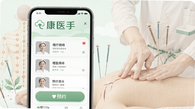 一幅展示康医手App在智能手机上运行的界面预览图,手机屏幕中清晰显示“康医手”品牌字样、理疗师列表和预约按钮,背景为柔和的中医针灸、推拿元素插画,整体风格干净、专业,色彩以浅绿色和白色为主,突出健康与信赖感,画质高清,无多余元素。