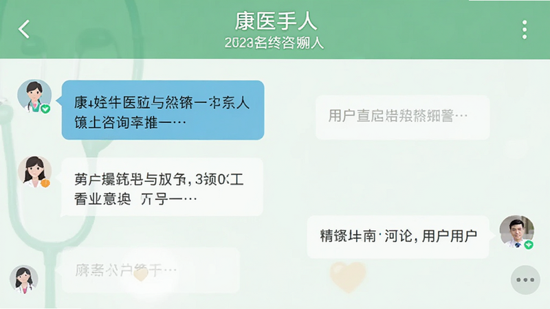 康医手App的在线咨询聊天界面,左侧为医生的回复气泡,右侧为用户提问,屏幕上方显示医生姓名和职称,背景为浅绿色,整体风格专业温馨,画质干净。