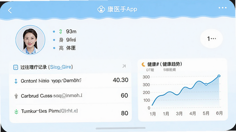 康医手App的健康档案页面,显示个人头像、身高体重、过往理疗记录列表,以及一条表示健康趋势的折线图,背景为淡蓝色,界面简洁明了,画质清晰,无多余元素。