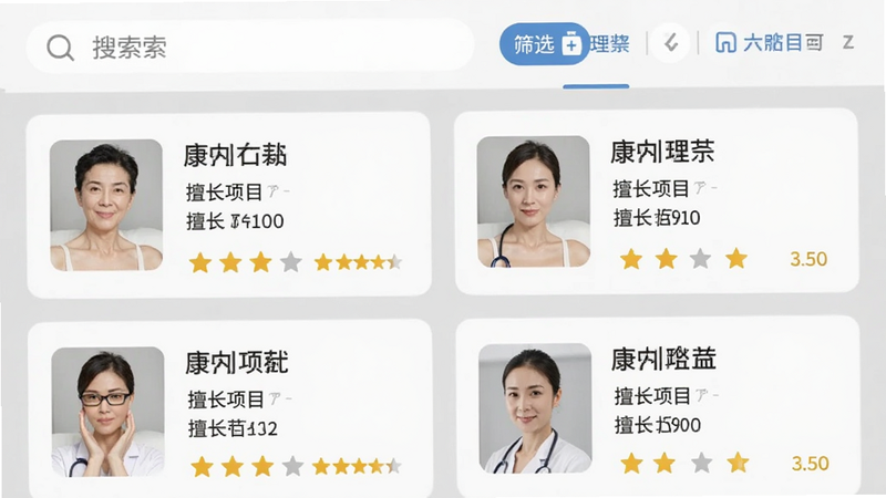 康医手App的理疗师列表页面截图,页面顶部有搜索栏和筛选条件,下方以卡片形式展示多位理疗师头像、姓名、擅长项目和评分,背景为简洁的浅灰色,整体界面布局清晰,画质干净无多余元素。