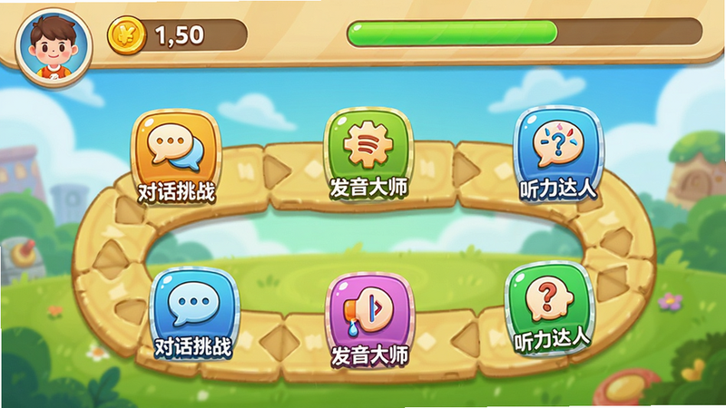 奇多多口语宝游戏化闯关地图,画面中央是一条蜿蜒的闯关路径,沿途分布着多个关卡图标,每个图标上标有“对话挑战”、“发音大师”、“听力达人”等字样,顶部显示用户头像、金币数量与进度条,背景为卡通风格,色彩鲜艳,画质高清,无多余元素