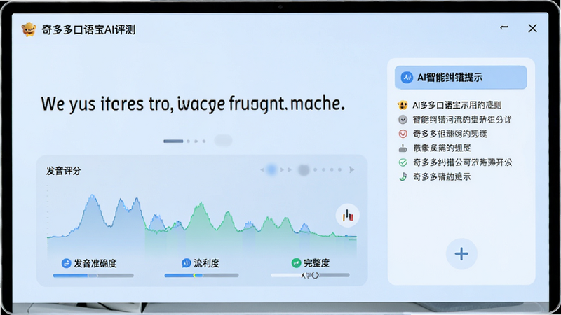 奇多多口语宝AI评测界面,屏幕显示一段英文句子,下方有发音评分波形图,标注“发音准确度”、“流利度”、“完整度”三个维度,右侧有AI智能纠错提示框,背景为浅蓝色,界面简洁清晰,画质高清,无多余元素