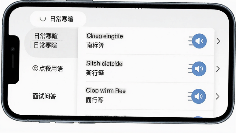 奇多多口语宝语料库界面,手机屏幕显示分类列表,如“日常寒暄”、“点餐用语”、“面试问答”,点击“日常寒暄”后展开多条常用句子,每条句子有英文原文、中文释义和发音按钮,背景为白色,界面布局整齐,画质高清,无多余元素
