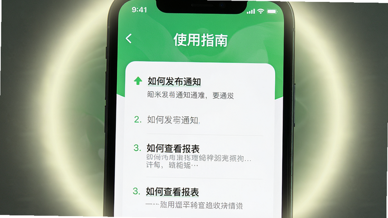 主体:手机屏幕特写,显示葱米园长版的“使用指南”页面,页面有清晰的步骤说明。布局:手机居中,屏幕内容占主体,周围有柔和的光晕。排版:页面顶部有“使用指南”标题,下方分条列出操作要点。风格:清新简洁的UI风格,绿色与白色为主色调。细节:屏幕文字清晰可见,如“如何发布通知”、“如何查看报表”等,整体界面友好。画质:高清,屏幕无反光,干净无多余元素。
