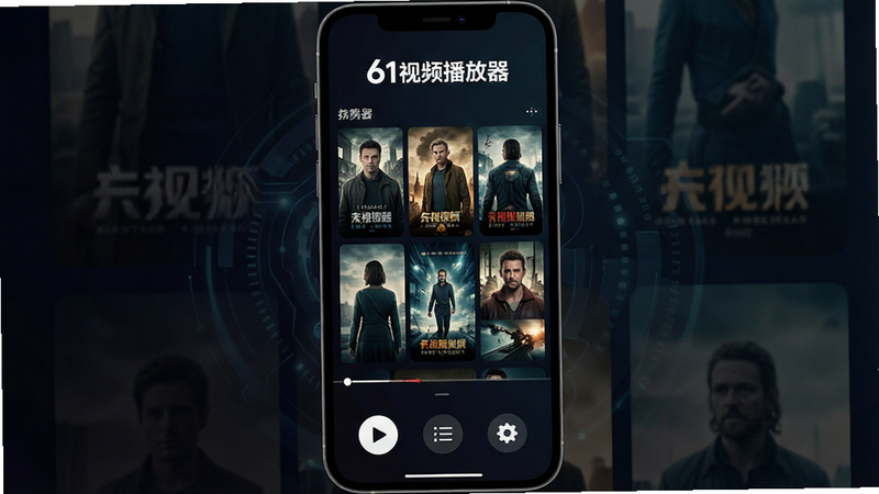 一张现代简约风格的手机截图展示界面,主体为61视频播放器主界面,背景是深色渐变的科技感纹理,上方显示“61视频播放器”白色logo,中间为高清电影海报缩略图网格布局,底部有播放、列表、设置三个圆形图标,整体排版干净整洁,风格扁平化,细节丰富,画质高清,干净,无多余元素