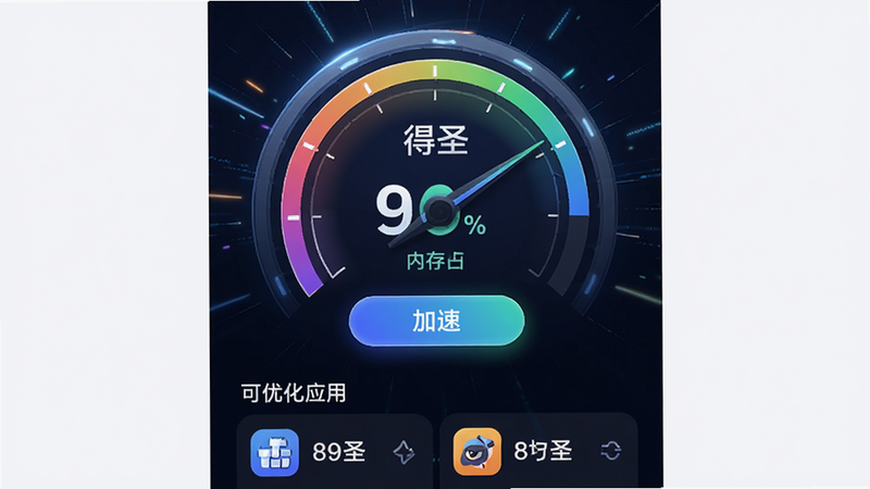 ���壺��ʥApp�ڴ����ҳ�棬��ʾ�ڴ�ռ�ðٷֱ�����ٰ�ť�����֣�����ΪԲ���Ǳ��̣��·�Ϊ���Ż�Ӧ���б����Ű棺ֱ�ۣ���񣺶��пƼ��磬ϸ�ڣ��Ǳ�������ʾ����ʥ�����������ʣ����壬�ɾ����޶���Ԫ��