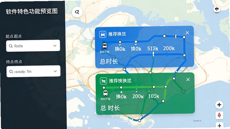 软件特色功能预览图,主体为新加坡地铁通路线规划结果页面,左侧是起点和终点的输入框,中间是两条不同的推荐路线卡片,分别用蓝色和绿色高亮显示,卡片上标注了换乘站和总时长,背景为淡色地图轮廓,排版规整,风格干净清新,画质细腻,无多余元素。