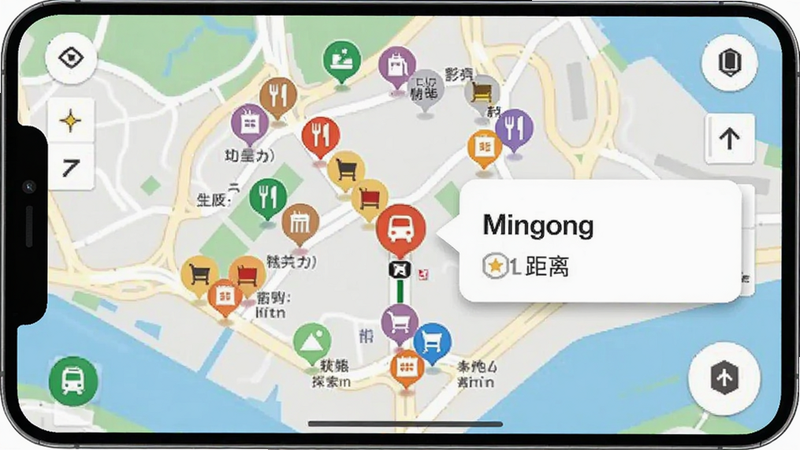 新加坡地铁通周边探索功能截图,主体为地图界面,以某个地铁站为中心,周围散布着餐厅、购物中心、景点的彩色小图标,点击其中一个弹出信息卡片,显示名称和距离,画面色彩丰富,信息层级分明,画质清晰,无多余元素。