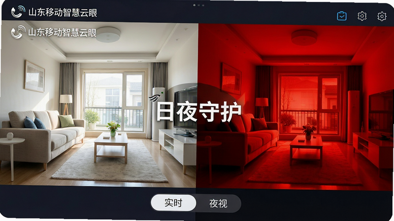 ���壺ɽ���ƶ��ǻ�����APP��ʵʱ��ع��ܽ��棬������ʾ����ͺ�ҹ����ģʽ�Աȣ�����������������ұ��Ǻ���ҹ��Ч����ͬһ���������֣����ҷ����Աȣ��м��С���ҹ�ػ������ֱ�ʶ���Ű棺�������࣬ͼ�����������дʵ��Ƽ��н�ϣ�ɫ����Ȼ��ϸ�ڣ��������Ͻ��С�ɽ���ƶ��ǻ����ۡ�ˮӡ���ײ��С�ʵʱ���͡�ҹ�ӡ��л���ť�����ʸ��壬�ɾ��޶���Ԫ�ء�
